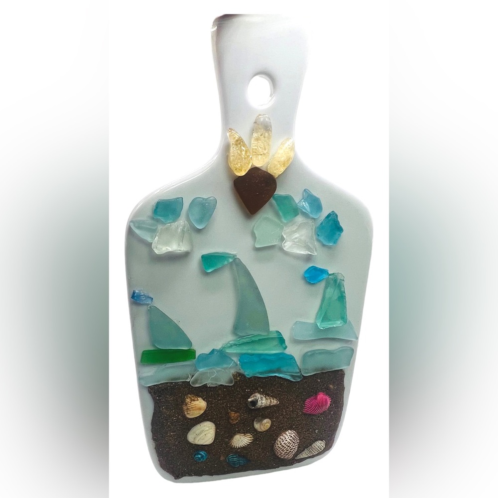 Artisan Crafted Ceramic Board Sailboat Scene W Sea Glass Citrine, Sand Seashells - Picture 4 of 12